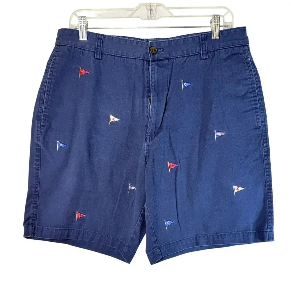 Chaps Navy Blue Nautical Flag Embroidered Flat Front Chino Shorts Mens Size 34